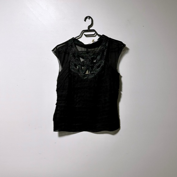 NWT Leon Max | Black Pleated-Yoke Silk Cap-Sleeve Top - M - Picture 8 of 8
